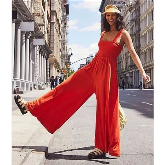 Free People Beach Homecoming Jumpsuit Wide Leg Sleeveless Red Orange Medium - Picture 1 of 13